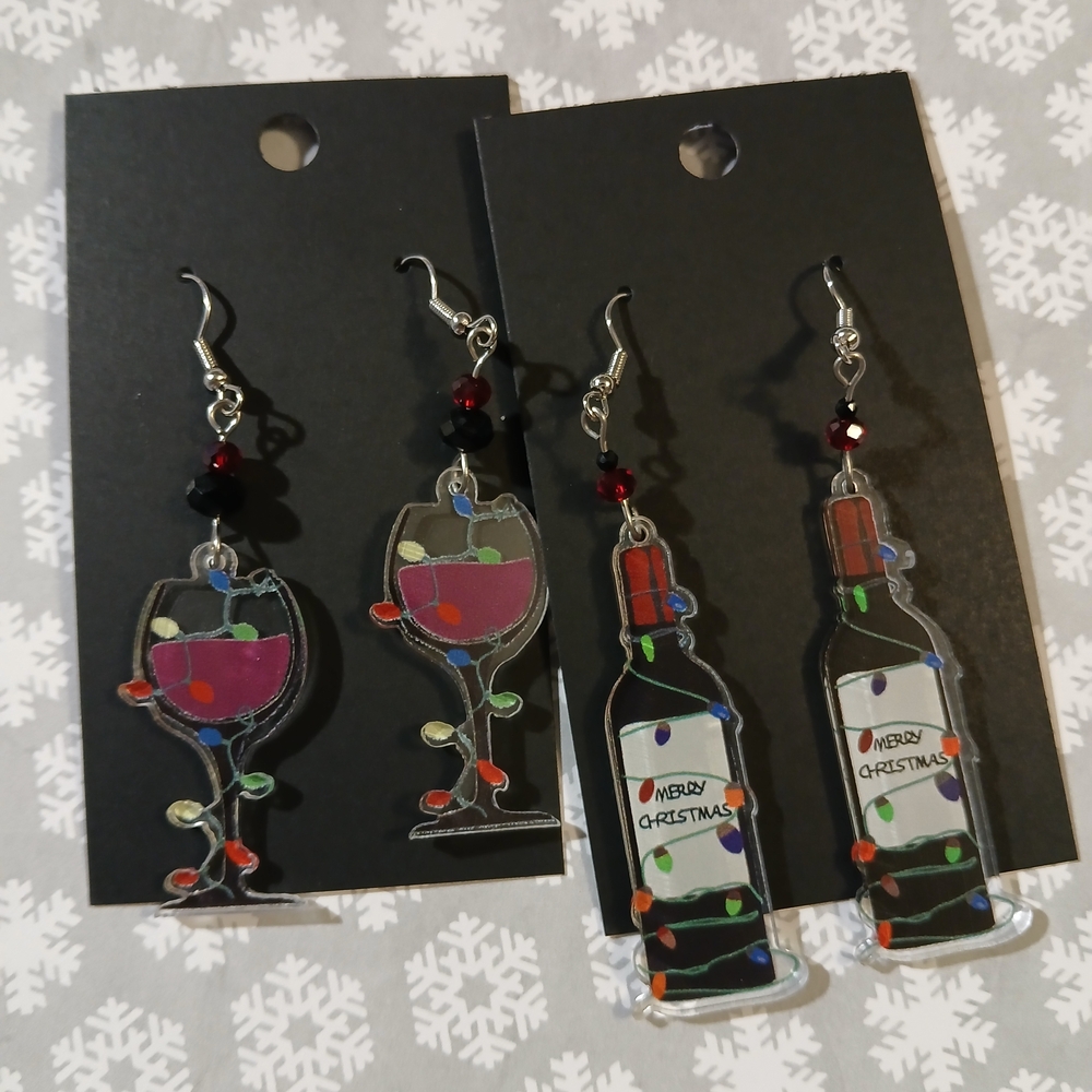 Festive Wine Glass and Bottle Earrings - Red and Black